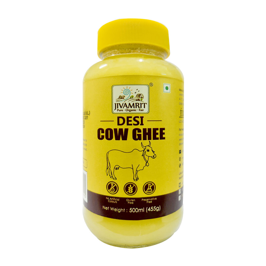 Jivamrit Organic Desi Cow Ghee 500ml | Glass Jar | Bilona Method | Organically Made Danedar Ghee | Natural & Healthy | Lab Tested