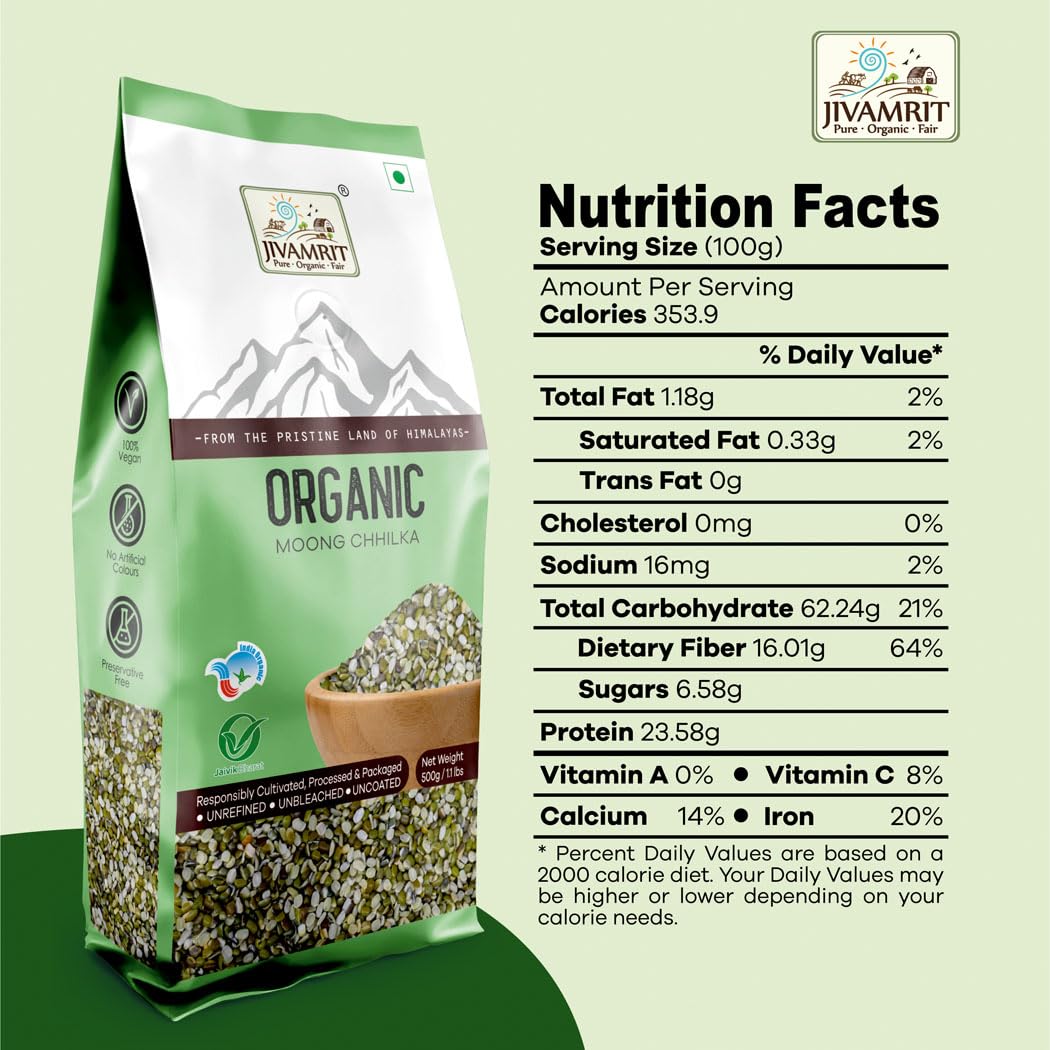 Organic Moong Dal Chilka 500g - 100% Vegan, Unpolished, Gluten Free and No Pesticides