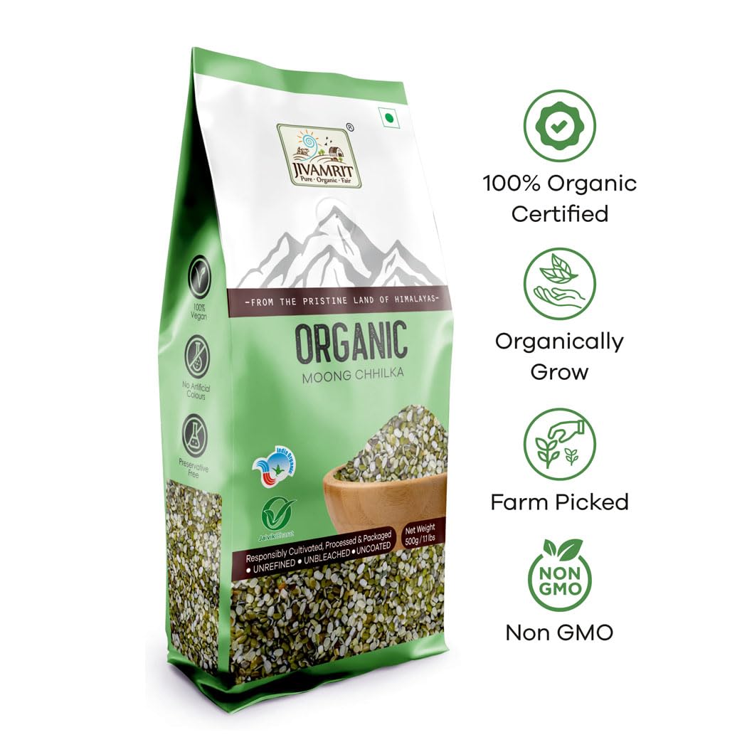 Organic Moong Dal Chilka 500g - 100% Vegan, Unpolished, Gluten Free and No Pesticides