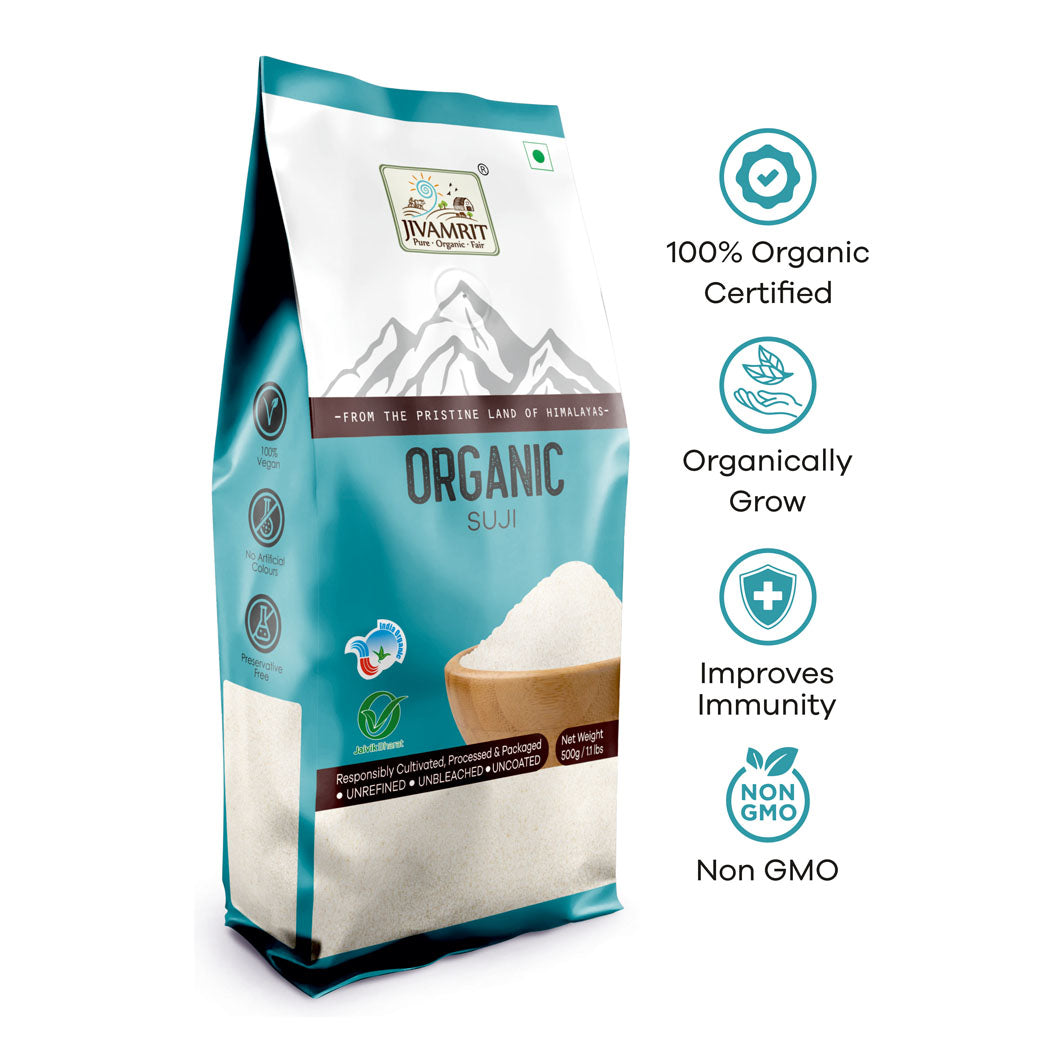 Organic Wheat Suji 500g - 100% Vegan, Unpolished, Gluten Free And No Pesticides